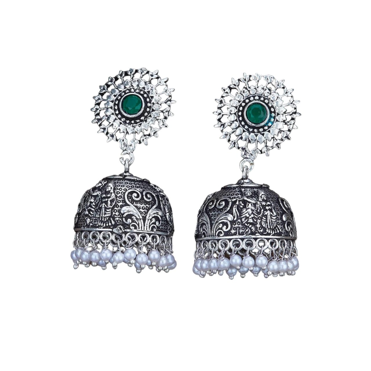 Indian Oxidized Jhumka Earrings for Women - Indian Floral Oxidized Jhumki Ethnic Chandbali Earrings Faux Pearls with Oxidized Platting Bollywood Style Dangle Earring Jewelry for Bride